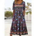 Vestido midi boho con estampado floral, manga corta, cuello redondo, bolsillos y talle - 3XL / Vestidos / Azul Oscuro Impreso