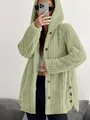 Cozy sage green fuzzy hooded cardigan with large decorative buttons and a loose fit. - Bean Green