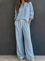 Cozy light blue waffle knit long sleeve top and wide leg pants lounge set for women - S / Top And Bottom / Blue