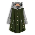 Veste à capuche pelucheuse pour femme avec oreilles de chat, boutons et ourlet irrégulier - S / Hauts / Vert Militaire