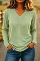 Close-up of casual V-neck long sleeve t-shirt in sage green with loose fit - S / Tops / Light Green