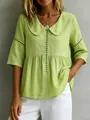Vintage hellgrüne Baumwoll-Leinen-Bluse mit Bubikragen und hohlen Spitzendetails - S / Oberteile / Limonengrün
