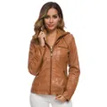 Stylish brown hooded leather jacket for women with zipper pockets and ribbed sleeve details - XS / Tops / Brown