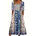 Vestido midi de verano estilo bohemio con estampado floral, manga corta y bolsillos - 3XL / Vestidos / Retazos Azul