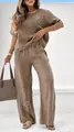 Casual brown linen two-piece set featuring embroidered flower details on top and pants - S / Top And Bottom / Brown