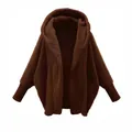 Detailed view of women's dark brown oversized hooded fuzzy fleece jacket for winter - 3XL / Tops / Coffee