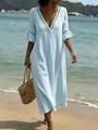 Elegante vestido largo azul claro con escote en V y encaje en una playa muy soleada - S / Vestidos / Azul claro