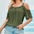 Close-up detail of olive green cold shoulder blouse featuring delicate floral lace trim - M / Tops / Army Green