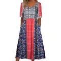 Detalle del vestido largo para mujer con estampado floral étnico y cuello redondo de manga corta - 3XL / Vestidos / Rojo Empalme