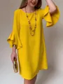 Elegant bright yellow flared sleeve dress featuring stylish ruffled cuffs and slim fit design - S / Dresses / Yellow