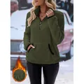 Detailansicht eines warmen Damen-Fleece-Sweatshirts mit Reißverschluss in Olivgrün. - Armeegrün