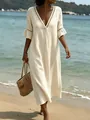Elegantes weißes Sommer-Strandkleid mit V-Ausschnitt, Spitze und Rüschenärmeln - Aprikose
