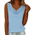 Close-up detail of a light blue casual cowl neck cotton linen sleeveless tank top for women - Light Blue
