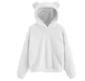 Gedetailleerd overzicht van witte pluchen hoodie met zachte imitatiebont en berenoren - Wit