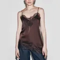 Elegant dark brown silk camisole with asymmetric black lace trim and thin spaghetti straps - XS / Tops / Coffee