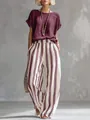 Conjunto boho de top de lino púrpura y pantalones de rayas anchos para mujer - 3XL / Top Y Pantalón / Burdeos