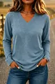 Detail of a casual women's dusty blue V-neck long-sleeved T-shirt with a loose fit - Sapphire Blue