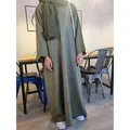 Elegant women's loose round neck long abaya robe in olive green with matching headscarf - S / Robe / Army Green