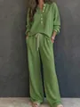 Detail view of a green waffle knit long sleeve lounge set with drawstring wide leg pants - S / Top And Bottom / Green