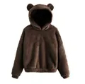 Gros plan sur un sweat à capuche marron à oreilles d'ours en polaire douce et pelucheuse - 3XL / Hauts / Café