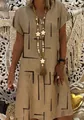 Detail of women's khaki V-neck summer dress with black geometric print and linen texture. - S / Khaki