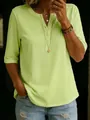 Vue détaillée d'un t-shirt Henley en coton vert tilleul pour femme avec col boutonné - S / Hauts / Vert clair