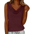 Close-up detail of burgundy cowl neck sleeveless cotton linen tank top for women - Dark Red