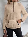 Gemütliches beiges Langhaar-Plüsch-Sweatshirt mit halbem Reißverschluss für Damen. - Khaki