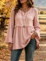 Camicetta casual rosa a maniche lunghe con scollo a V, dettagli di frange e tessuto strutturato. - Taglia S / Top / Rosa