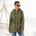 Women's mid-length olive green parka with faux fur hood and belted waist detail - 3XL / Tops / Army Green
