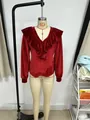 Elegant red velvet long-sleeved blouse featuring a ruffled V-neck design for women - S / Tops / Burgundy