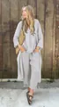 Full-body detail of women's grey oversized cotton linen two-piece set with V-neck shirt - S / Top And Bottom / Light Gray