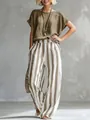 Conjunto de verano para mujer con camiseta verde oliva y pantalones anchos de rayas - Caqui