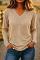 Close-up of V-neck long-sleeve T-shirt with heathered texture in khaki - Khaki