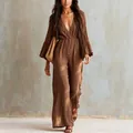 Bohemian style brown V-neck long sleeve jumpsuit with elastic waist and wide leg fit - XS / Top And Bottom / Brown