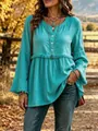 Camicia casual boho turchese a maniche lunghe con scollo a V e dettagli frange per donna - Taglia S / Top / Ciano