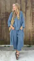Ensemble deux pièces bleu en coton et lin avec tunique oversize et pantalon large - Bleu