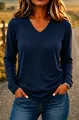 Detailed view of navy blue V-neck long-sleeve tee with soft texture and relaxed fit - Navy Blue