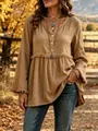 Boho camel long sleeve blouse with tassel details and V-neck for women's autumn style - Camel