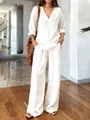 Casual women's two-piece set with V-neck washed cotton top and wide-leg trousers. - S / Top And Bottom / White