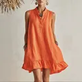 Abito estivo arancione senza maniche con colletto alla coreana e orlo a balze per vacanze. - Taglia S / Vestiti / arancio-rosso