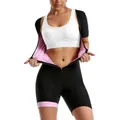 Professional detailed view of women's short sleeve sauna bodysuit for fitness and sweat training - S / Jumpsuits / Black (Pink Lining)