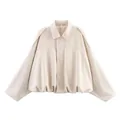 Elegante giubbotto bomber corto in camoscio beige con colletto a rever e orlo elastico - Taglia S / Top / Bianco avorio