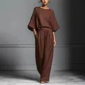 Elegant coffee brown linen two-piece set featuring flared sleeve top and wide leg pants for summer - S / Top And Bottom / Coffee
