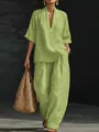 Completo donna in lino verde lime con scollo a V e pantaloni larghi dettaglio - Taglia S / Top E Pantaloni / Verde chiaro