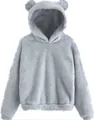 Detailopname van een lichtblauwe pluche hoodie met schattige berenoren op de capuchon - Lichtgrijs