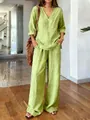 Full view of a comfortable green washed cotton V-neck top and wide-leg trousers set. - S / Top And Bottom / Yellow-Green