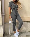Combinaison cargo gris anthracite à manches courtes avec col et ceinture femme - S / Combinaisons / Gris