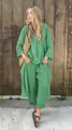 Ensemble deux pièces vert pour femme en coton et lin avec chemise et pantalon large - Vert