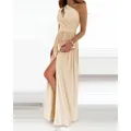 Elegant beige one-shoulder maxi dress with a sexy high waist and stylish side slit - S / Dress (W1167) / Apricot